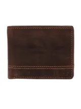 Billetera de cuero natural color marrón con costuras en contraste y logo grabado en la esquina inferior. Cuenta con múltiples ranuras para tarjetas y tecnología de protección RFID.