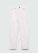 Jeans blancos de corte recto y tiro medio, confeccionados en tejido denim de algodón. Presenta diseño crop con bajo deshilachado, estilo clásico de cinco bolsillos, trabillas para cinturón y cierre frontal con cremallera y botón metálico.