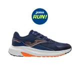 Championes deportivos Joma modelo Vitaly, diseñados para running y entrenamiento. Presentan un diseño en malla azul marino con detalles en naranja y blanco, con sistema de ventilación VTS y suela de caucho resistente a la abrasión.
