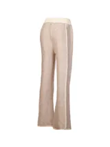 Pantalon de punto color beige con textura jaspeada, corte recto y holgado. Presenta cintura elastizada con cordón de ajuste y detalles de costuras verticales en color crema a lo largo de las piernas.