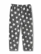 Pantalon de pijama de textura afelpada, con estampado de estrellas blancas sobre fondo gris oscuro. Posee cintura elastizada.