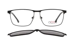 Anteojos de receta con marco metálico negro mate de forma rectangular, que incluye un clip-on magnético polarizado para convertirlo en anteojos de sol.