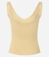 Blusa básica sin mangas de punto acanalado color amarillo claro, con escote en V y tirantes medianos, marca Marfinno.