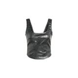 Top Adidas negro con textura simil cocodrilo y acabado brillante, con escote cuadrado y tirantes anchos. Incluye el logo del trifolio bordado en el centro del pecho.