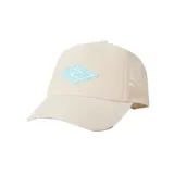 Gorra de béisbol color beige con paneles traseros de malla y logo bordado en celeste.