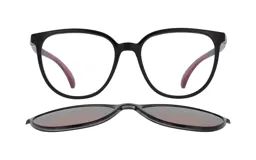 Anteojos de acetato negros con lentes transparentes y patillas color borgoña. Incluye clip-on polarizado con lentes marrones.