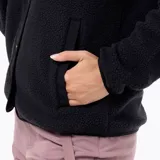 Chaqueta de polar tipo sherpa color negro, con cierre frontal de botones a presión metálicos y cuello alto. Presenta un bolsillo en el pecho con solapa de nylon y bolsillos laterales, con puños y cuello elásticos.