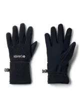 Guantes de invierno Columbia confeccionados en tejido polar sherpa negro, con palma resistente a la abrasión y dedos compatibles con pantallas táctiles. Incluyen muñecas elásticas y broche de ajuste lateral.