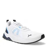 Championes Puma Anzarun 2.0, color blanco con detalles en azul claro y azul marino. Presentan un diseño de malla transpirable, cordones blancos, logo de Puma en negro en el lateral y suela de goma con amortiguación.