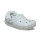 Zuecos Crocs Classic con forro interior de piel sintética tipo sherpa, color gris claro. Presentan el diseño icónico de la marca con perforaciones en la parte superior y correa pivotante en el talón para mayor sujeción.