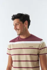 Remera de hombre a rayas horizontales blancas y azules, con cuello redondo azul marino y logo de la marca bordado en el pecho.