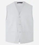 Chaleco gris de poliéster y viscosa, con cuello en V, abotonado delantero y bolsillos decorativos.