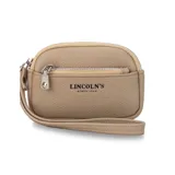 Monedero de mano con diseño rectangular y textura granulada, marca Lincoln's. Cuenta con cierre perimetral, bolsillo frontal con cierre y correa de muñeca integrada.