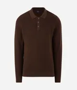 Suéter de punto texturizado color beige, con cuello polo abotonado y manga larga, de la marca Marfinno.
