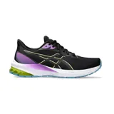Championes de running Asics modelo GT-1000 12, color negro con detalles en violeta, amarillo neón y suela azul. Presentan tecnología FlyteFoam en la entresuela para mayor amortiguación y soporte.