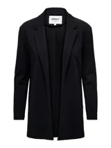 Blazer negro largo, abierto, de corte recto y manga larga.