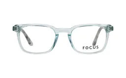 Anteojos de receta con marco de acetato transparente en tono azulado, de forma rectangular y diseño clásico.