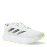 Championes de running Adidas modelo Duramo SL, color blanco con detalles en gris y verde lima. Presentan una parte superior de malla transpirable, amortiguación LIGHTMOTION para mayor confort y suela de goma ADIWEAR para mayor durabilidad.
