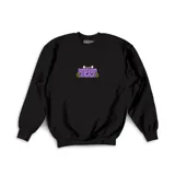 Buzo de algodón color negro, con cuello redondo y mangas largas. Presenta un estampado central en el pecho con el logo de la marca en color violeta y detalles de garras verdes, junto con unos ojos asomándose por encima del texto.