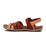 Sandalia de cuero para mujer, en combinación de colores marrón y beige, con diseño de tiras cruzadas en la parte delantera y tira con hebilla ajustable en el talón.