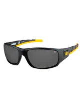 Lentes de sol deportivos envolventes Caterpillar modelo Motor, con armazón negro, detalles en amarillo y lentes oscuros polarizados.