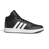 Zapatillas Adidas Hoops 3.0 Mid de caña media, color negro con las tres tiras blancas y suela blanca de goma.