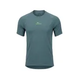 Remera deportiva Nike Pro de manga corta, color verde azulado con logo y texto en verde lima en el centro del pecho. Presenta un diseño ergonómico con paneles laterales de tejido técnico transpirable.