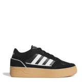 Championes Adidas Break Start Bold de estilo urbano con plataforma. Presentan un diseño inspirado en el básquet retro, con exterior en color negro que combina paneles de gamuza y material sintético, las icónicas tres tiras laterales en blanco y una suela de goma en tono tostado.