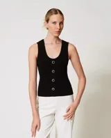 Top negro de punto en mezcla de viscosa elástica con elaboraciones, construcción de efecto chaleco con botonadura falsa en la parte delantera y tirantes anchos, de corte ceñido.
