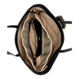 Cartera tipo shopper Guess modelo Eco Gemma, color negro. Presenta diseño minimalista con logo triangular metálico en el frente, asas dobles y un pequeño monedero circular removible con cierre. Incluye herrajes en tono dorado.