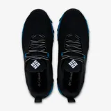 Championes de trekking Columbia modelo Hatana Max Outdry, de color negro con suela azul vibrante. Presentan un diseño técnico con malla cerrada, sobrecapas sintéticas y estructura de TPU para mayor protección. Cuentan con tecnología impermeable Outdry, mediasuela Techlite+ para amortiguación y suela Adapt Trax para tracción superior.