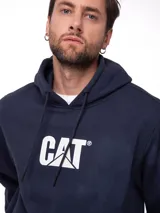 Buzo con capucha y bolsillo canguro de la marca Caterpillar, color azul marino, con el logotipo CAT bordado en blanco en el pecho, mangas largas y puños de punto acanalado.