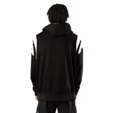 Canguro negro con capucha y cordones ajustables, diseño oversize con franjas blancas en las mangas y logo bordado en el centro del pecho. Cuenta con bolsillo tipo canguro frontal.