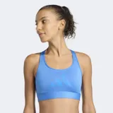 Top deportivo Adidas de soporte ligero, color azul, con diseño de espalda cruzada y banda elástica inferior. Presenta el logo de la marca estampado en el frente y tecnología Aeroready para mayor transpirabilidad.