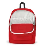 Mochila Jansport Superbreak Plus roja con bolsillo frontal y compartimento lateral para botella.