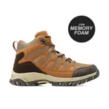 Bota de trekking Hi-Tec modelo Becky, color marrón con detalles en beige y marrón oscuro. Confeccionada en gamuza y malla, cuenta con tecnología Memory Foam en la plantilla, suela de goma con relieve para mayor tracción y cierre de cordones.