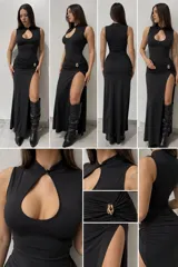 Vestido largo negro de manga sisa, con cuello mao y detalle de abertura tipo lágrima en el pecho. Presenta fruncidos en la cintura con una hebilla metálica dorada decorativa y una profunda abertura lateral en la falda.