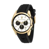 Reloj Maserati Attrazione con caja dorada, esfera blanca con detalles en negro y correa de silicona negra. Incluye cronógrafo, función de fecha y medición de doble zona horaria.