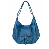 Cartera tipo hobo de cuero sintético color azul, con diseño de estrellas decorativas y tachas metálicas doradas. Cuenta con un bolsillo frontal con solapa y cierre de hebilla, y una correa de hombro ajustable.