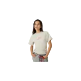 Remera gris melange de manga corta con detalle de fruncidos en los laterales y estampa gráfica centrada en el pecho.