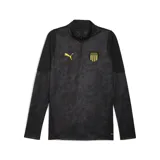 Buzo deportivo Puma del Club Atlético Peñarol, modelo de entrenamiento con cierre frontal de 1/4. Presenta un diseño en tonos negros con estampado sutil, logo de la marca y escudo del club en amarillo.