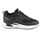 Championes deportivos y casuales Hi-Tec modelo Sam, color negro con suela blanca y detalles de diseño texturizado en los laterales. Cuentan con cordones y tirador trasero.