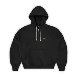 Campera con capucha y cierre frontal, color negro, con logo bordado en el pecho y cordones de ajuste en color crema.