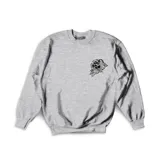 Buzo de algodón color gris melange, con cuello redondo, mangas largas y puños acanalados. Presenta un estampado gráfico pequeño en el pecho con un pez koi y detalles de la marca.