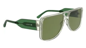 Lentes de sol unisex Lacoste modelo 6056, con montura transparente y lentes verdes.