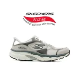 Championes deportivos Skechers modelo Go Run Arch Fit 2.0, en tonos gris y blanco. Presentan una parte superior de malla técnica con refuerzos de gamuza, tecnología Slip-ins para un calce fácil, sistema de soporte Arch Fit en la plantilla y entresuela con amortiguación ultraligera.