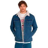 Chaqueta de denim azul de corte recto, forrada con sherpa blanca. Presenta cuello de sherpa, dos bolsillos superiores con broche y dos bolsillos inferiores tipo Welt.