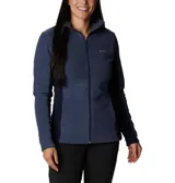 Campera polar con cierre completo, cuello alto y bolsillos laterales. Presenta un diseño entallado con paneles laterales en un tono más oscuro y logo de la marca bordado en el pecho.