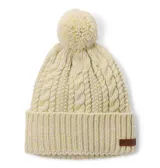 Gorro de punto con diseño de trenzas, color beige con detalles en amarillo neón. Presenta un pompón superior, borde doblado y parche de cuero con logo de la marca en la parte frontal. Cuenta con forro interior de polar.