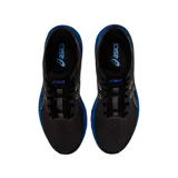 Championes de running Asics modelo GT-1000-11, color negro con detalles en azul vibrante y blanco. Presentan capellada de malla técnica transpirable, entresuela con tecnología FlyteFoam para mayor amortiguación y suela de goma resistente.